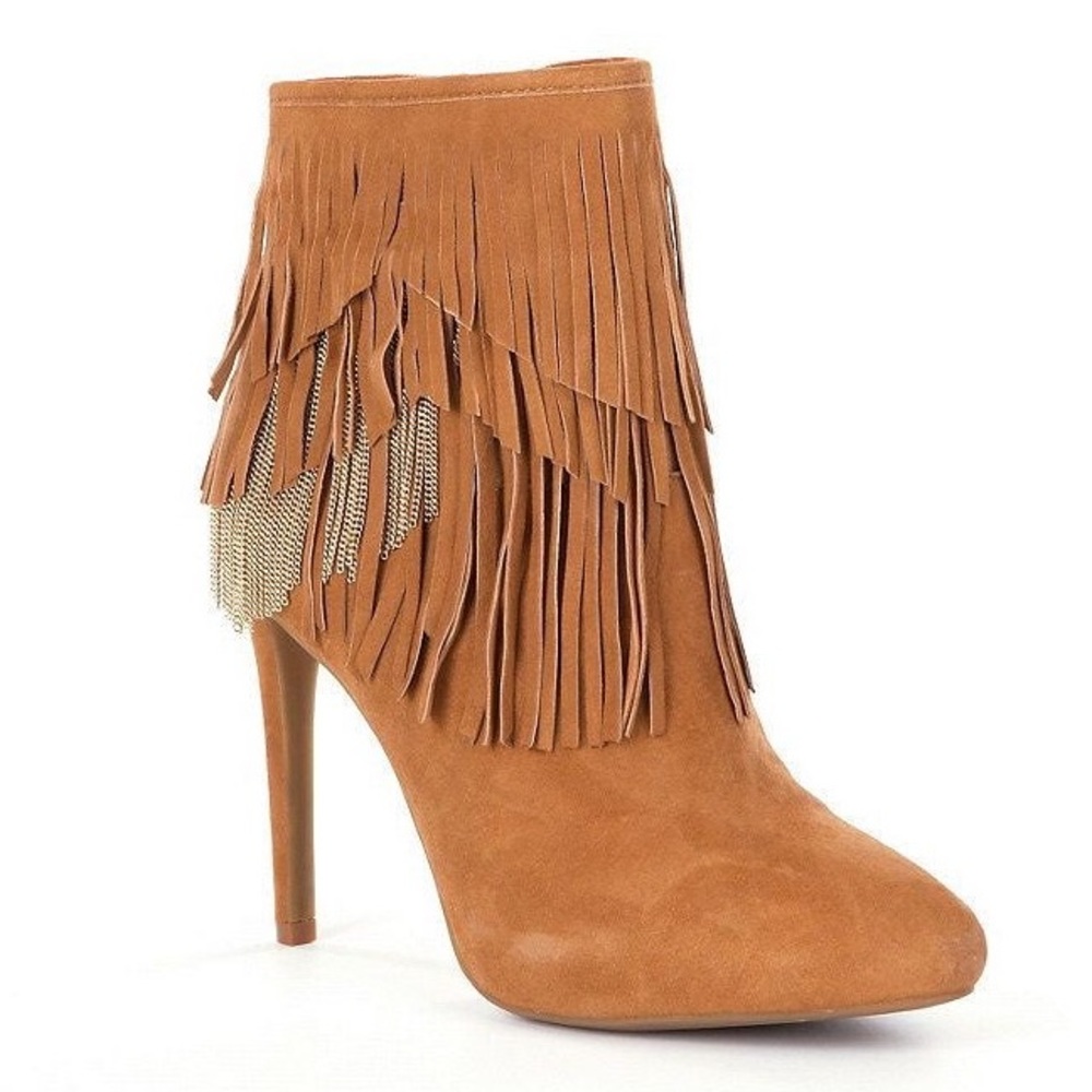 Gianni Bini Tan Fringe Suede High Heeled Booties 7